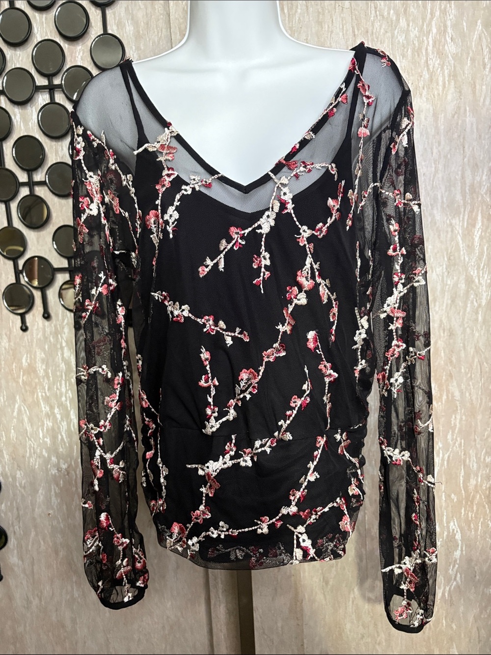 White House Black Market Black Sheer Floral Embroidered V-Neck Blouse